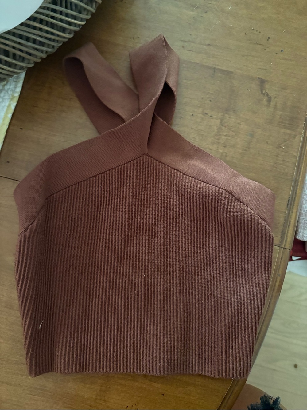 Aritzia Ribbed Off-Shoulder Crop Top in Brown